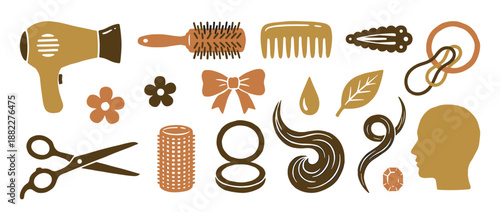 Hairdressing tools and beauty care icons set with a hairdryer, scissors, comb, brush, and styling accessories in a flat, minimalist graphic illustration style for a salon concept