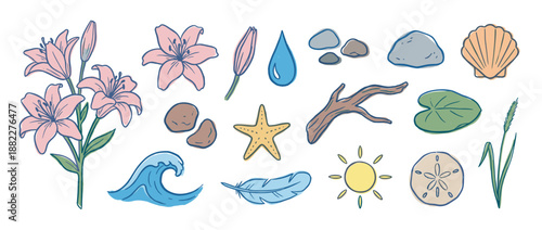 Collection of hand-drawn nature illustrations featuring a lily flower, starfish, seashell, sun, and wave in a charming, colorful doodle style with a soft pastel palette