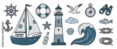 Collection of nautical themed doodle illustrations featuring a sailboat, lighthouse, anchor, compass, and other marine elements in a charming hand-drawn style with muted blue and gray colors