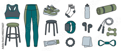 Collection of illustrated fitness and workout equipment including a sports bra, leggings, sneakers, and dumbbells in a hand-drawn doodle style with a muted green and teal color palette