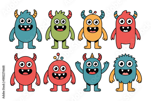 A group of colorful cartoon monsters with horns and big eyes standing on a white background