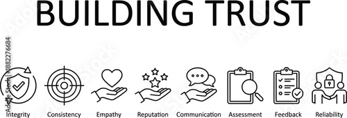 Building trust icon set for brand credibility communication and customer relationship management interface systems