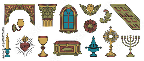 Set of colorful hand-drawn religious icons and architectural details in a retro comic style, featuring a menorah, sacred heart, chalice, angel, monstrance, and ornate arch