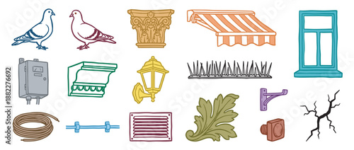 Colorful illustrated set of various urban architectural elements and city life details like pigeons, an awning, a window, and a lantern in a hand-drawn doodle style