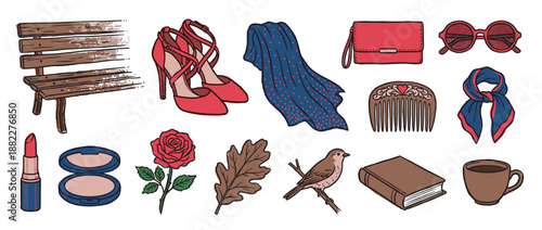 Collection of hand-drawn doodle illustrations featuring various feminine accessories, fashion items, and nature elements in a charming, retro, and colorful cartoon style
