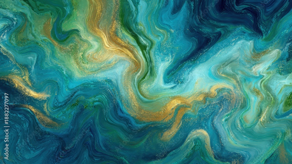 Fototapeta premium Swirling turquoise, green, and gold abstract art