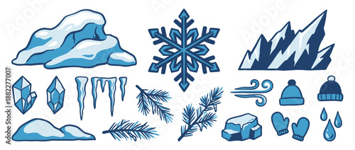 Set of blue hand-drawn winter icons featuring a snowflake, mountains, icicles, snowdrifts, pine branches, and warm clothing in a cute cartoon doodle style for seasonal design