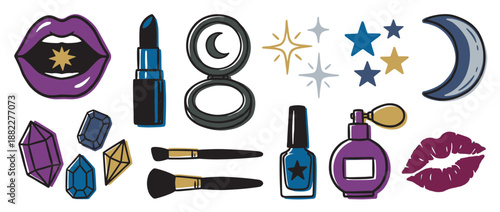 Whimsical collection of hand-drawn celestial makeup illustrations featuring lipstick, eyeshadow, nail polish, crystals, stars, and a moon in a graphic doodle style