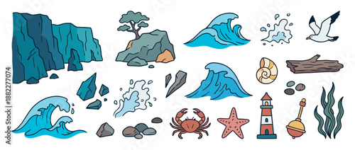 Colorful collection of hand-drawn nautical illustrations featuring various sea and coastal elements like a cliff, ocean waves, crab, and lighthouse in a cute cartoon doodle style
