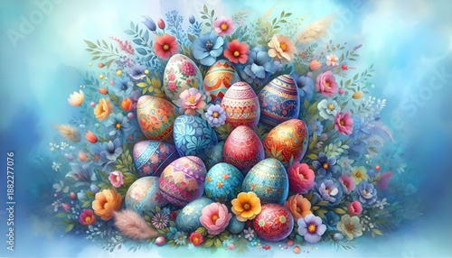 colourful Easter eggs and flowers