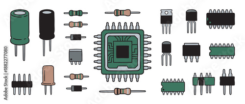 Colorful set of electronic circuit components hand-drawn in a simple cartoon doodle style, featuring a central processor, resistors, transistors, and various integrated circuits