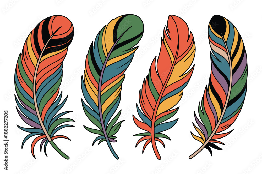 Fototapeta premium A vibrant illustration of four colorful feathers on a white background