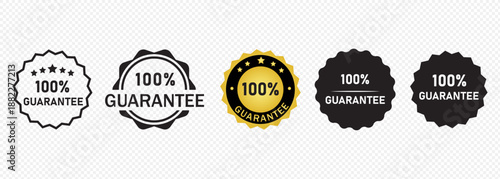 Different badges showing 100 percent guarantee in various colors and styles on a plain background