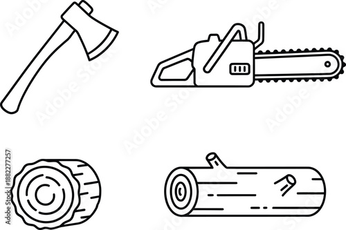 Set of lumberjack and forestry icons including axe and chainsaw