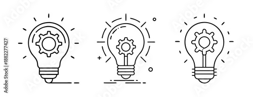 Creative innovation process, bright ideas, lightbulbs with gears.