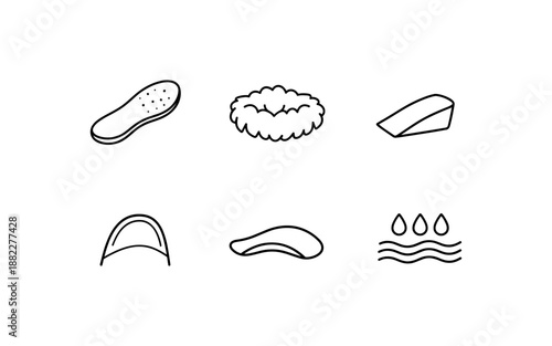 Collection of simple line art icons representing shoe inserts and foot care elements