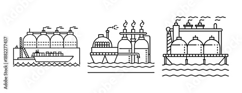 Industrial port shipping and offshore energy facilities line art icons