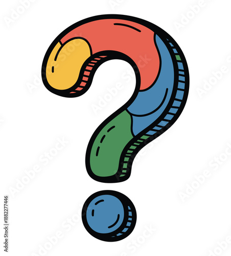 A colorful cartoon question mark symbol on a white background