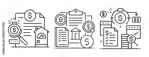 Real estate finance and property investment analysis line icons