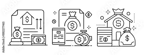 Finance, real estate, investment & digital banking line icons.