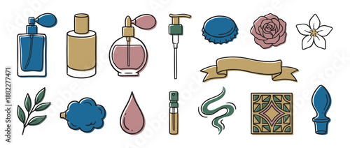 Collection of hand-drawn perfume and cosmetic icons including various bottles, flowers, and decorative elements in a minimalist doodle style with muted colors