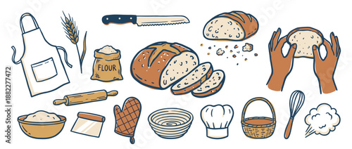 Collection of hand-drawn baking illustrations featuring a sliced loaf of bread, flour, rolling pin, apron, and other kitchen utensils in a rustic, cozy doodle style