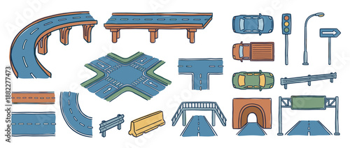 Collection of hand-drawn road and traffic elements including cars, bridges, intersections, signs, and a tunnel in a cute doodle style for map or infographic creation
