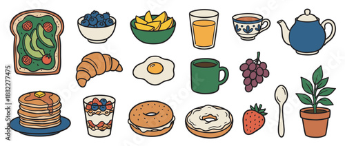 Collection of hand-drawn breakfast food illustrations including pancakes, avocado toast, coffee, fruit, and eggs in a charming doodle style for a morning meal concept