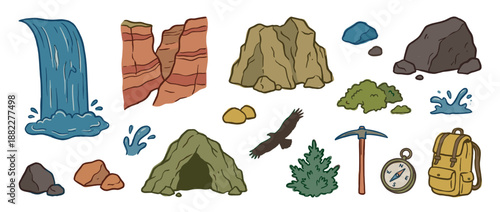 Set of colorful cartoon nature and adventure icons including a waterfall, canyon, rocks, cave, eagle, backpack, compass, and pickaxe for outdoor exploration themes