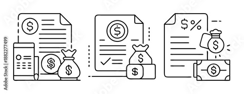 Investment, banking, accounting, and financial agreement line icons.