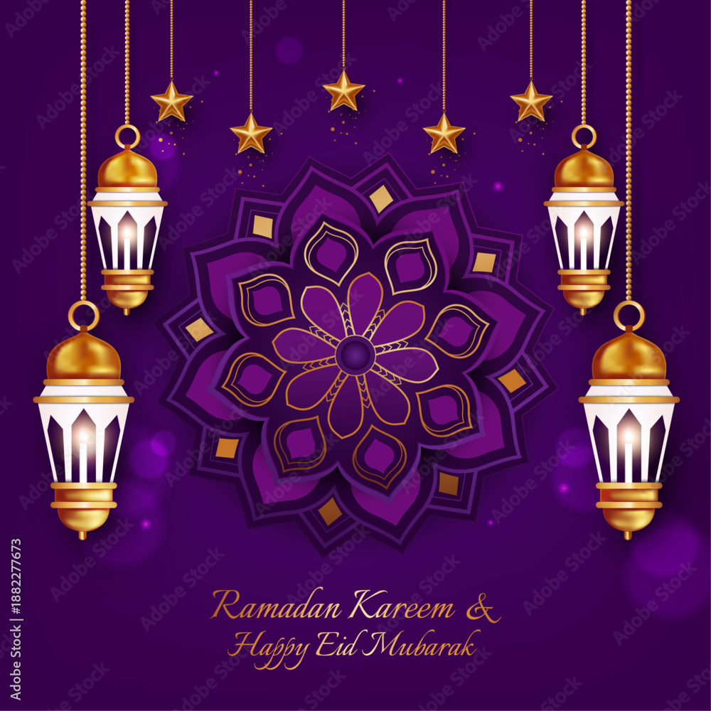Fototapeta premium Elegant Ramadan Background with Gold Lanterns and Mandalas. Islamic Festival Greeting Template with Glowing Lights on Teal Backdrop for Social Media and Print
