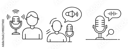 Podcast, broadcasting, voice record, audio communication line icons set