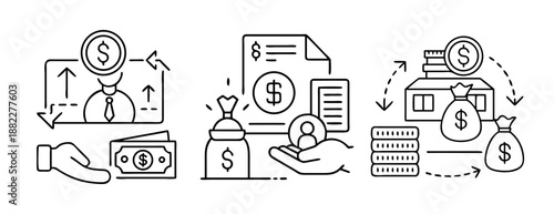 Money, business, finance, transactions, and investment line icon set