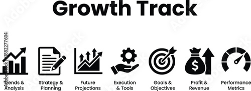 Business growth tracking icon set for performance monitoring dashboards and strategic planning interfaces software