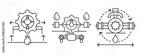 Industrial processing gears, fluid dynamics, and engineering icons