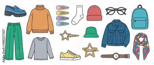 Colorful collection of illustrated clothing items and fashion accessories like a sweater, jacket, shoes, and backpack for a modern casual wardrobe, drawn in a simple doodle style