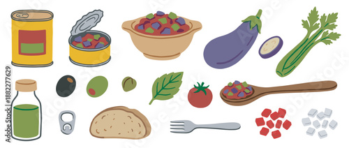 Collection of hand-drawn caponata ingredients including eggplant, celery, olives, and tomatoes shown as a recipe set for cooking a traditional dish in a flat illustration style