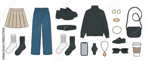 Collection of women's casual clothing and accessories for a stylish autumn outfit, featuring a turtleneck, jeans, skirt, and shoes in a hand-drawn illustrated style