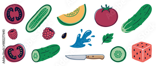 Set of colorful food ingredient illustrations with tomato, cucumber, melon, raspberry, a knife, and a water splash, drawn in a simple, flat, and graphic doodle style
