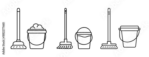 Cleaning supplies line art: brooms, buckets, and foam icons set
