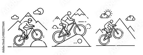 Mountain biking adventure line art icons set, cycling sport concept