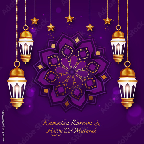 Elegant Ramadan Background with Gold Lanterns and Mandalas. Islamic Festival Greeting Template with Glowing Lights on Teal Backdrop for Social Media and Print