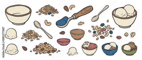 Hand-drawn collection of breakfast food items including granola, nuts, ice cream, bowls, and spoons in a charming doodle style illustration set for healthy eating concepts