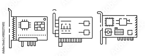 Electronic computer hardware expansion cards and circuit boards icon set