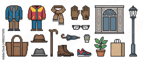 Collection of pixel art game assets featuring men's autumn fashion, clothing, accessories, and city objects like a lamppost, window, and potted plant