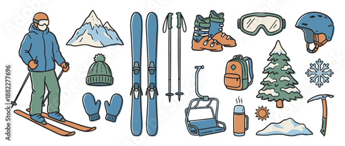 Colorful set of hand-drawn winter sport illustrations featuring a skier, skis, boots, goggles, helmet, ski lift, and other mountain recreation equipment in a fun cartoon doodle style