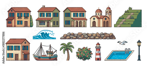Collection of coastal village illustrations featuring houses, a church, a fishing boat, a lighthouse, and other seaside elements in a charming, clean cartoon style for creative projects