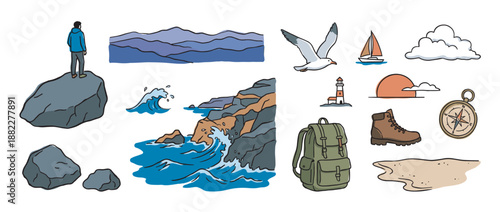 Hand-drawn illustration set of travel icons featuring a hiker, a rocky coast, a lighthouse, a backpack, a compass, and a sailboat for outdoor adventure and exploration