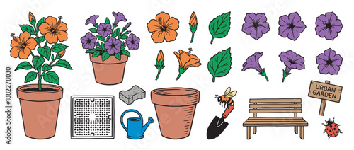 Colorful set of urban gardening illustrations featuring potted hibiscus and petunia flowers, various tools, a bench, a sign, and cute insects like a bee and ladybug