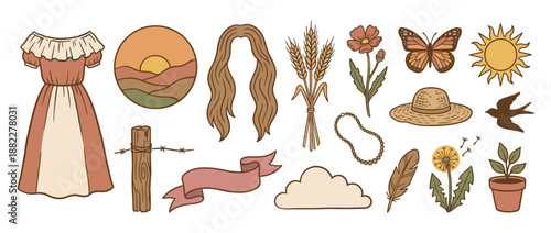 Set of hand-drawn rustic cottagecore illustrations featuring a vintage dress, wheat, butterfly, sun, and other country life elements in a warm earthy color palette